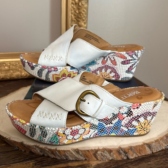 Born Shoes - Born Curstyn White Leather Floral Mosaic Print Platform Wedge Sandals Size 8